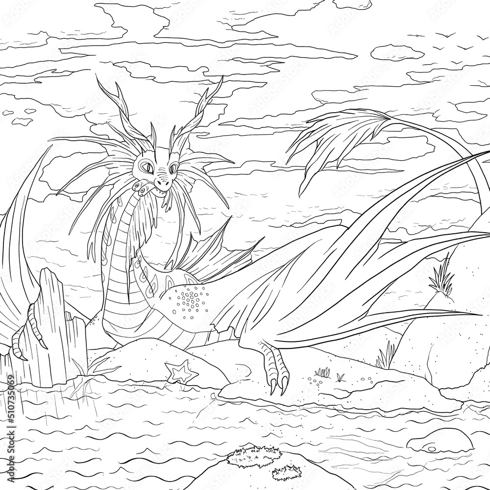 Black and white coloring page ink illustration of a dragon. Stock