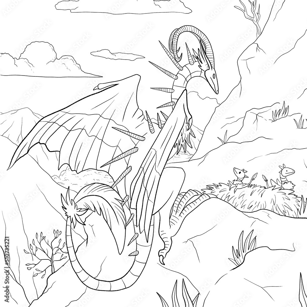 Black and white coloring page ink illustration of a dragon. Stock ...