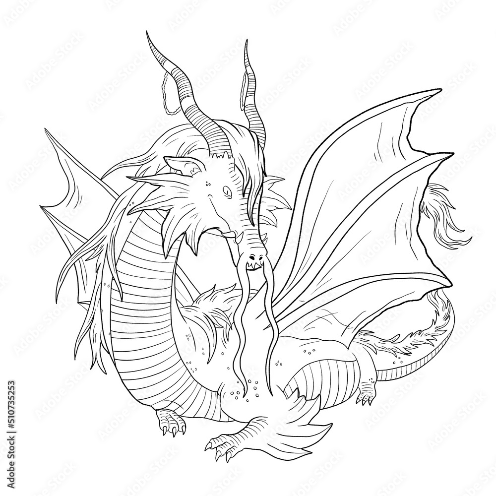 Obraz premium Black and white coloring page ink illustration of a dragon.