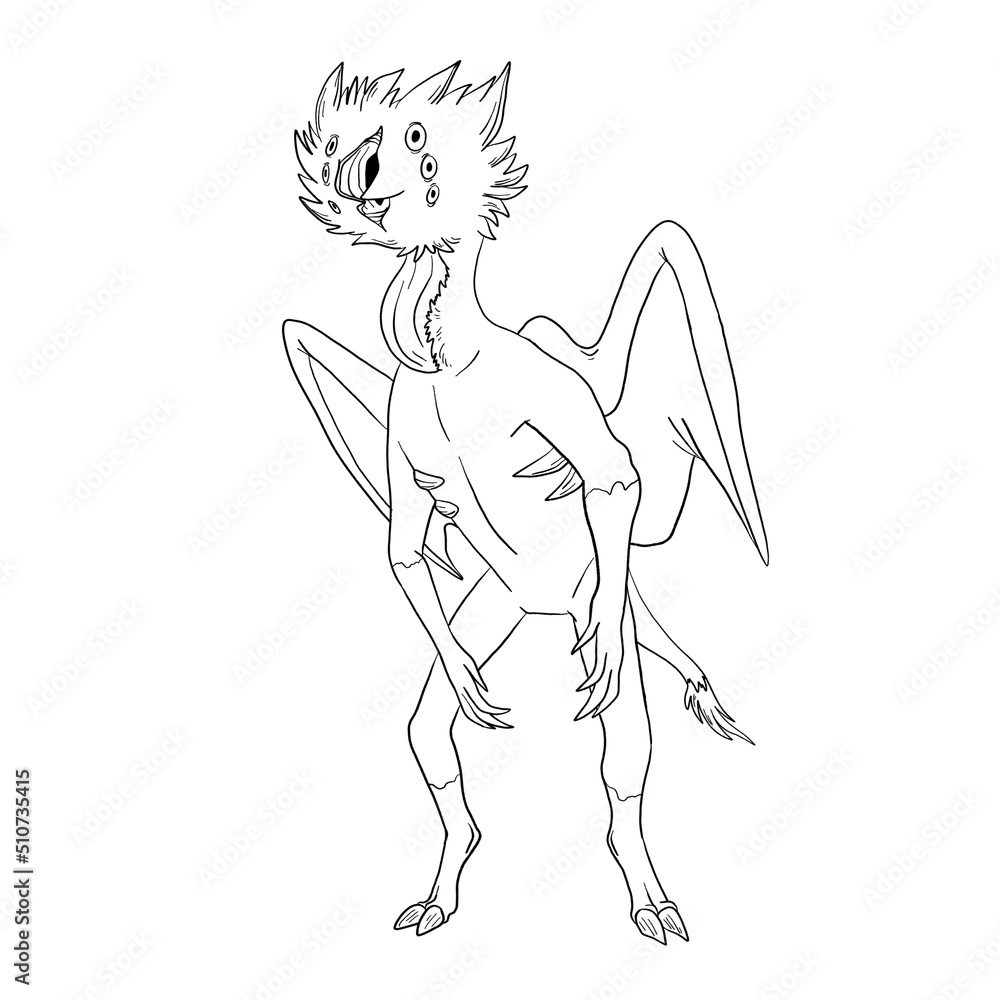 Fototapeta premium Black and white coloring page ink illustration of a dragon.