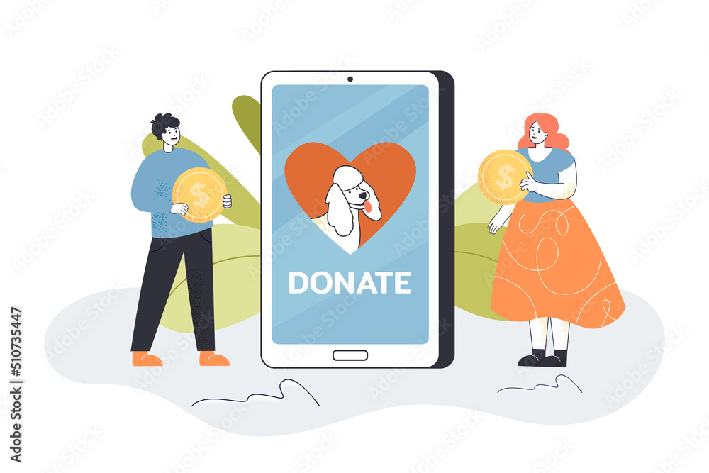 Tiny volunteers donating to dog shelter using mobile app. Man and woman holding gold coins flat vector illustration. Charity, love to animals concept for banner, website design or landing web page Tiny volunteers donating to dog shelter using mobile app. Man and woman holding gold coins flat vector illustration. Charity, love to animals concept for banner, website design or landing web page