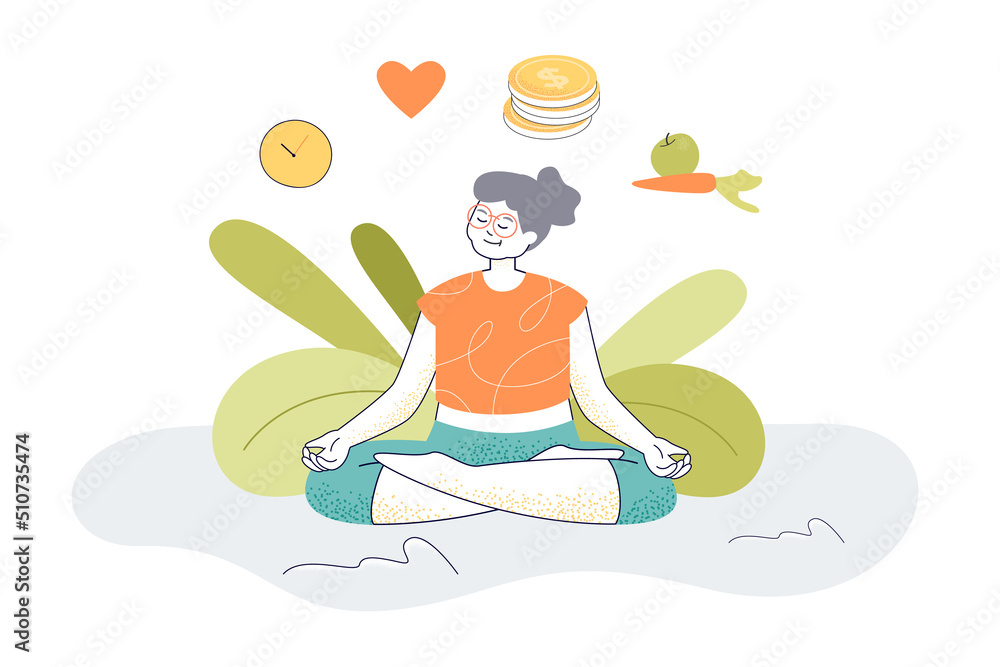 Life balance and meditation of happy old multitasking woman. Female character relaxing in lotus position flat vector illustration. Wellness concept for banner, website design or landing web page