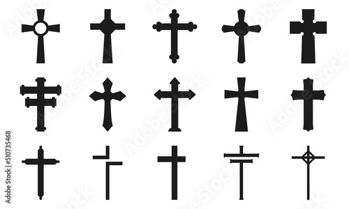 Colección de cruces cristianas. Conjunto de siluetas de símbolos religiosos. Ilustración vectorial de símbolos espirituales.