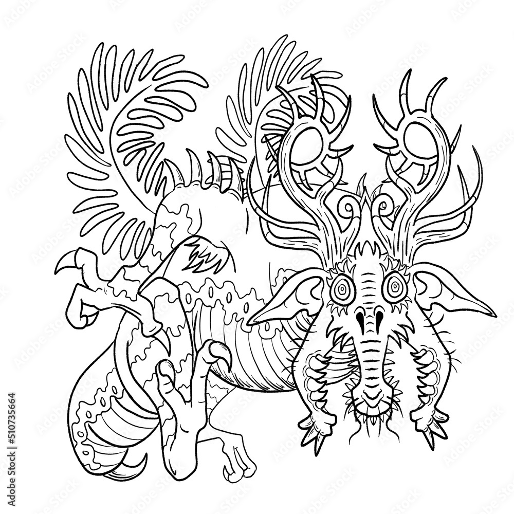 Obraz premium Black and white coloring page ink illustration of a dragon.