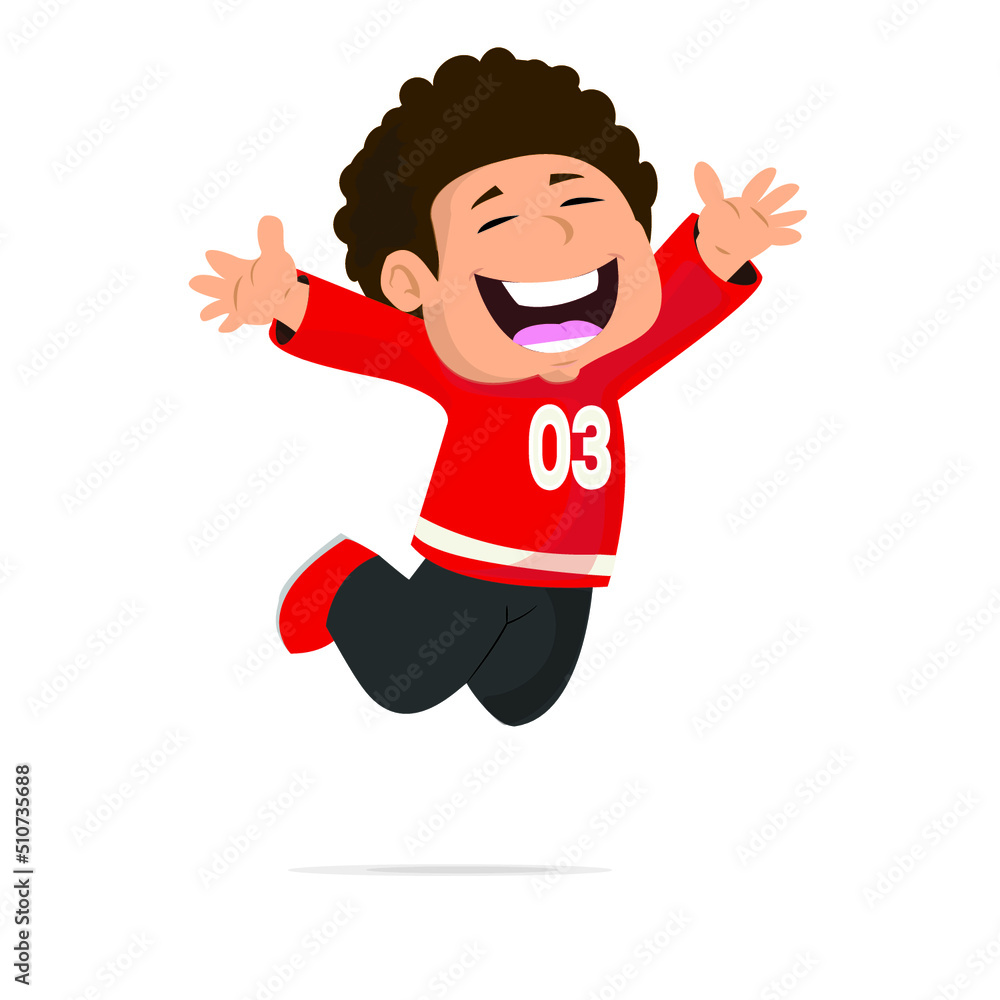Happy Kid Jumping Boy in Red Jersey Vector Illustration on White Background Happy Kid Jumping Boy in Red Jersey Vector Illustration on White Background