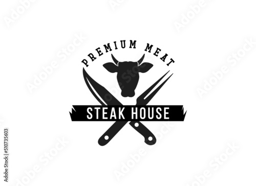 Steak House Logo. Steak in vintage style logo design template. 