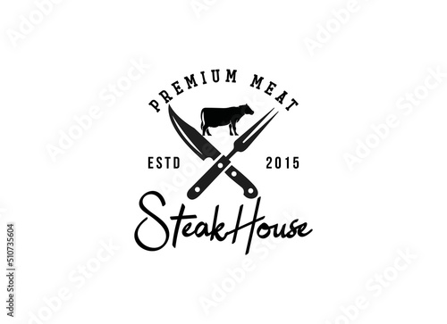 Steak House Logo. Steak in vintage style logo design template. 