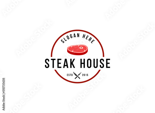 Steak House Logo. Steak in vintage style logo design template. 
