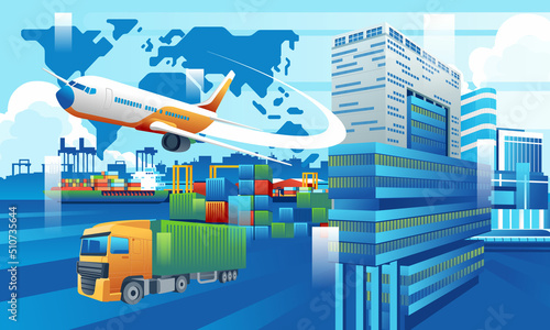 Global business logistics import export of containers cargo ship, container truck, plane, truck on city background concept, transport industry concept