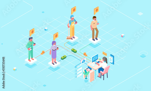 Isometric admin pays online payroll bills for employees in educational schools, various characters and professions in schools