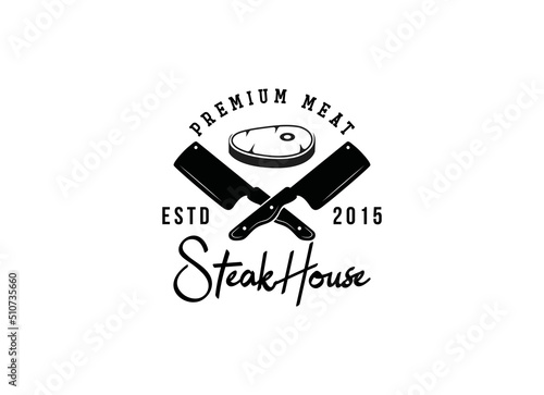 Steak House Logo. Steak in vintage style logo design template. 