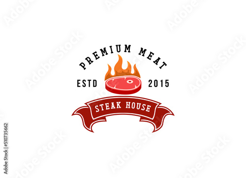 Steak House Logo. Steak in vintage style logo design template. 