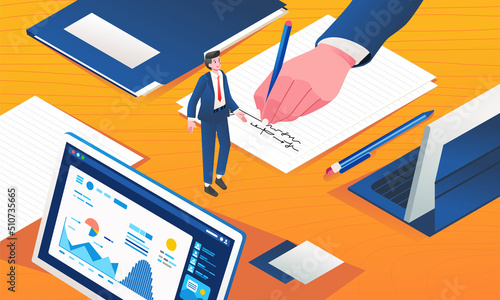 Isometric businessman hand signing document on meeting table with miniature businessman character walking on the table to check