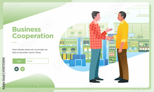 Landing page banners. Entrepreneurs and investors shake hands, into a cooperation agreement to develop the retail business