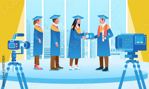 Line of graduates received a diploma by the chancellor at the time of graduation in the building with camera recording