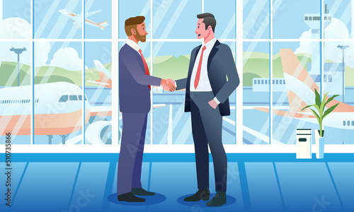 Two businessman Entrepreneurs and investors shake hands, into a cooperation agreement at the airport as background
