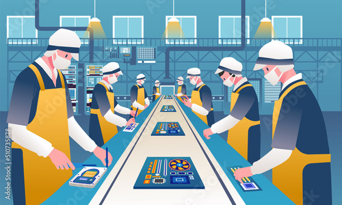 Uniformed workers line up assembling circuit computer board on conveyor belt, electronics factory production activity