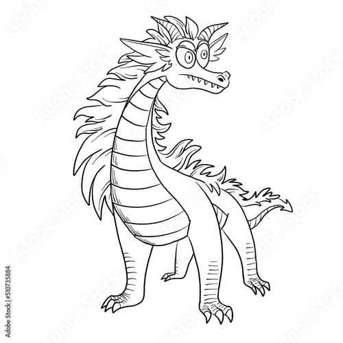 Fototapeta Naklejka Na Ścianę i Meble -  Black and white coloring page ink illustration of a dragon.