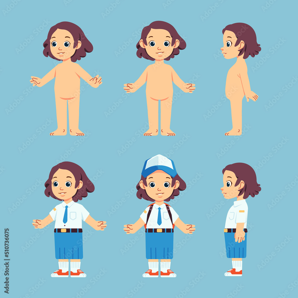 Happy cute girls without clothes, and school uniforms with various views, side, front and three quarters Happy cute girls without clothes, and school uniforms with various views, side, front and three quarters