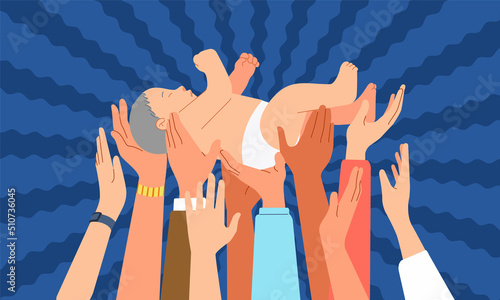 Various ethnicities raised lift hand holding a newborn baby, as a symbol of new hope for equality