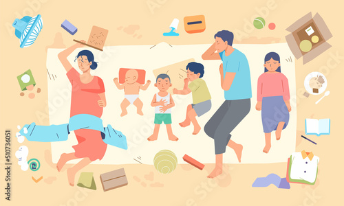 a poor family with many children sleeping on the floor in a messy and unhealthy room