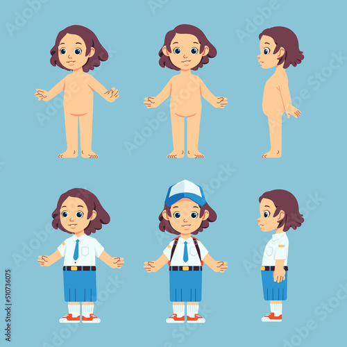 Happy cute girls without clothes, and school uniforms with various views, side, front and three quarters