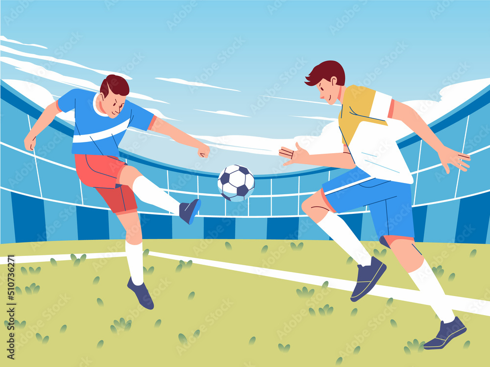 Action football players fighting for the ball on the stadium field, flat vector illustration