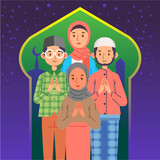 Young people group man dan woman apologizing character ramadhan eid mubarak