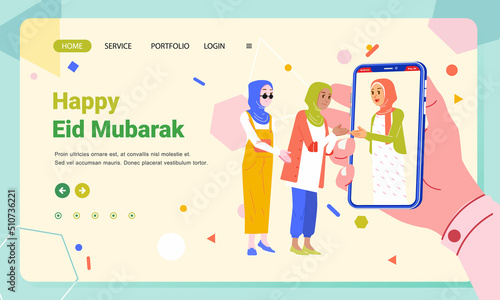 Woman Ramadhan greeting video call forgive each other via smartphone landing page banner
