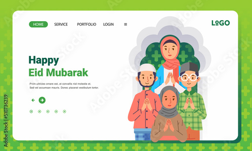 Eid mubarak ramadhan greeting group man and woman apologizing tradition landing page banner