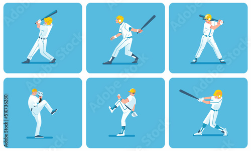 Baseball players in action various poses set flat design style vector illustration