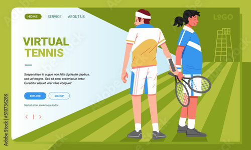 Character tennis players on the side of the court flat illustration, Tennis tournament landing page concept