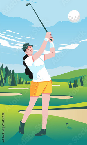 Dramatic female golfer hitting ball on golf course, green field hill with cloud background
