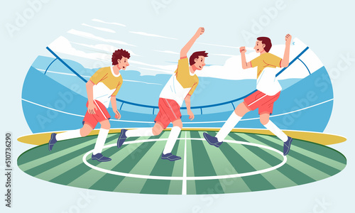 Football team player celebrating. Soccer player celebrating goal on the stadium. flat vector illustration.