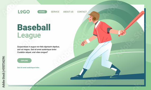 Illustration Baseball player character sport and Landing Page Design for web page and app concept
