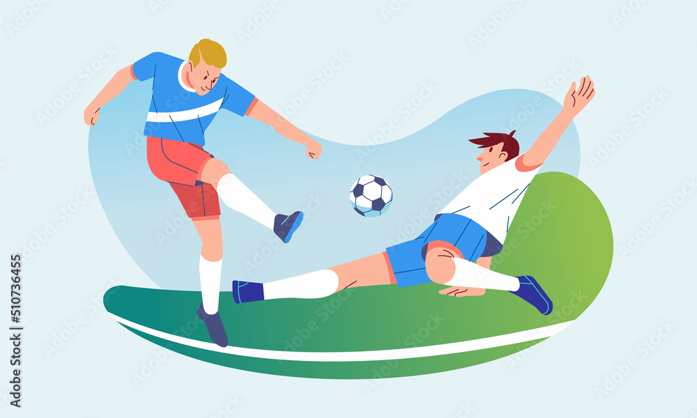 Soccer players duel ball, tackle ball from other players in the field. modern flat vector character illustration
