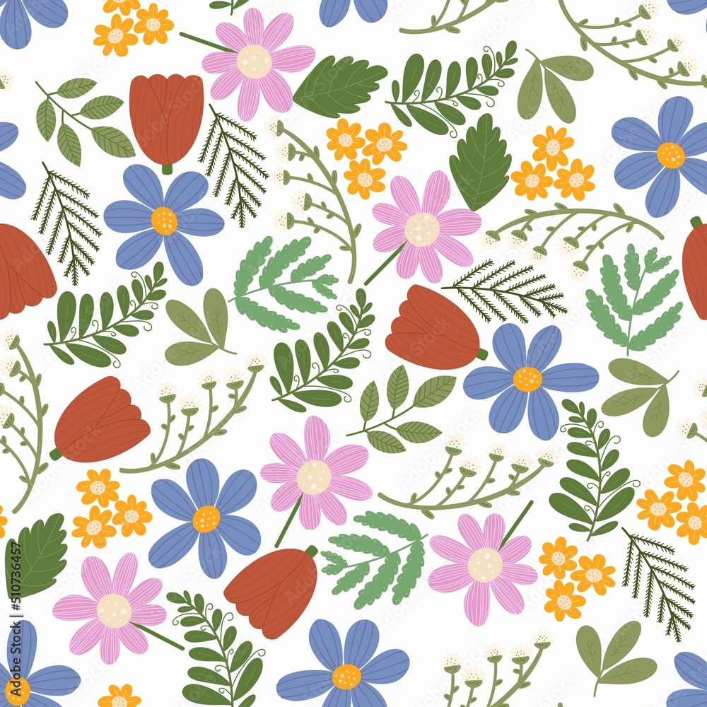 Cute seamless pattern with Isolated colorful wild flowers on the white background. Modern print for textile, fabric and wrapping.