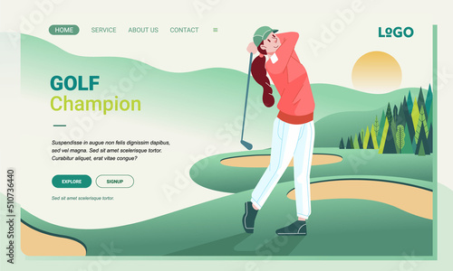 Modern illustration woman golf player character sport Landing Page Design for web page and app concept