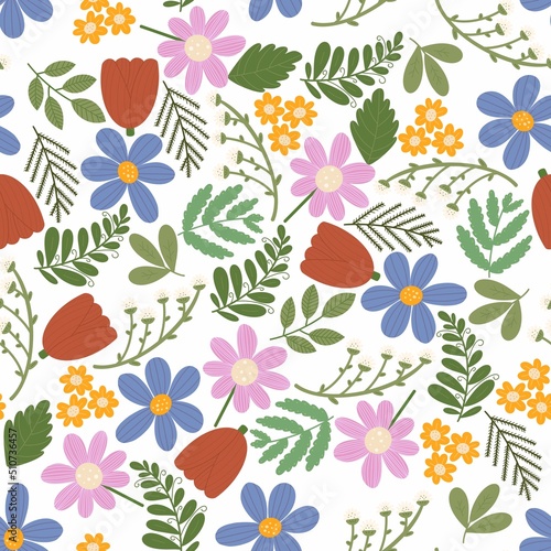 Cute seamless pattern with Isolated colorful wild flowers on the white background. Modern print for textile  fabric and wrapping.