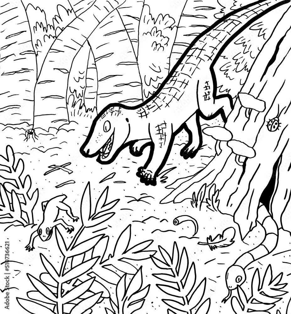 Fototapeta premium Black and white coloring page of a prehistoric creature.