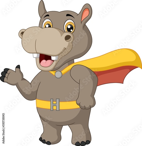 Cute superhero hippo cartoon waving hand