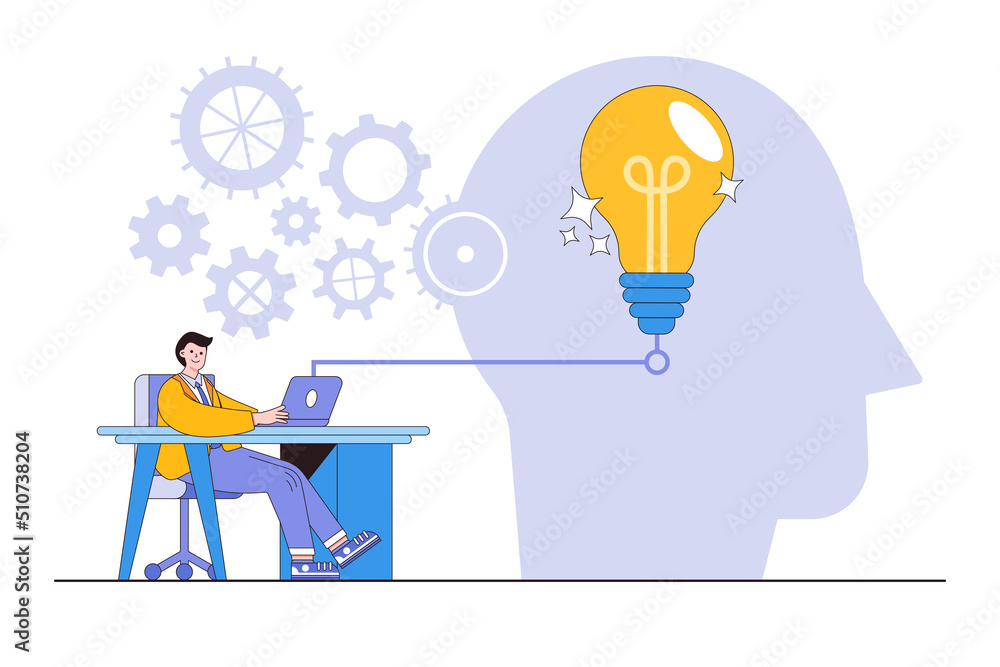 Solution for entrepreneur, creative idea to solve work problem, success discovering new innovation concepts illustrations. Smart businessman or employee sit at desk work on laptop generate ideas Solution for entrepreneur, creative idea to solve work problem, success discovering new innovation concepts illustrations. Smart businessman or employee sit at desk work on laptop generate ideas