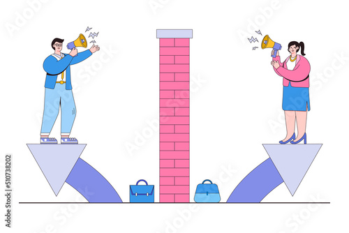Bad communication, misunderstanding, and miscommunication of information create confusion at work concepts. Businessman and businesswoman shouting each other with megaphone separated by wall