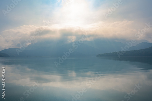 Taiwan, China Chiayi Nantou Sun Moon Lake shrouded in clouds