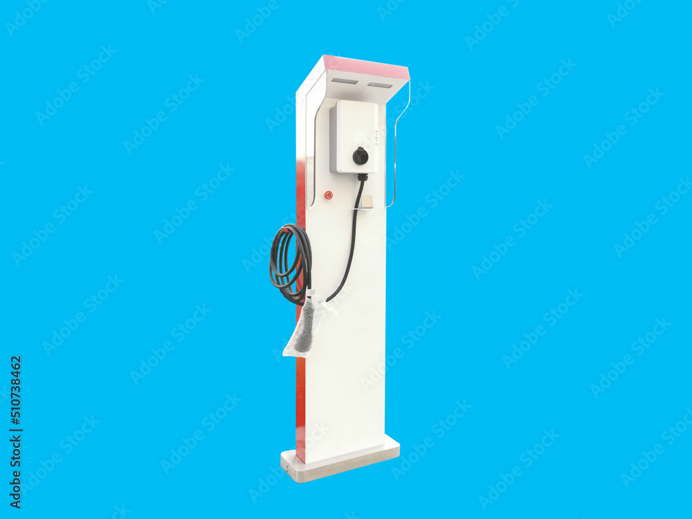 Electric Vehicle Charging Station (EV Charger), perspective view. blue background, isolated and copy space. Electric Vehicle Charging Station (EV Charger), perspective view. blue background, isolated and copy space.