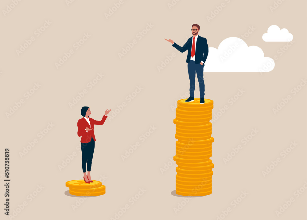 Entrepreneur standing on much more paid money coins, woman on less small income coin Gender pay gap, inequality between man and woman wage, salary or income, issue about gender diversification. Entrepreneur standing on much more paid money coins, woman on less small income coin Gender pay gap, inequality between man and woman wage, salary or income, issue about gender diversification.