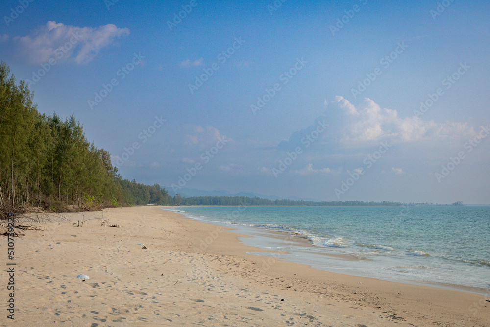 Sunbed with background of sandy beach and clear sky with nobody and copy space in Phuket area, Thailand