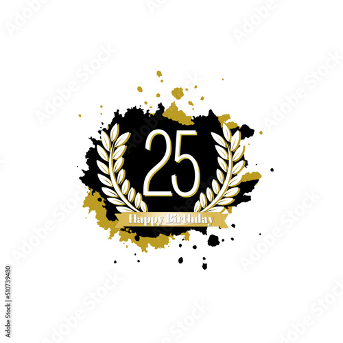 25years happy birthday with abstract black and gold leaf and ink bow  photo