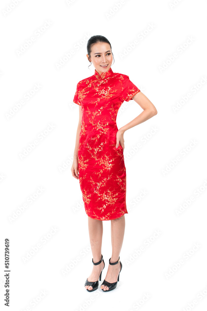 Portrait of a young asian Chinese female lady model wearing red traditional vintage costume Cheongsam smiling and posing with different poses and gestures Portrait of a young asian Chinese female lady model wearing red traditional vintage costume Cheongsam smiling and posing with different poses and gestures