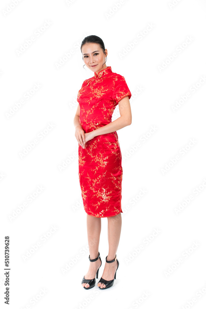 Portrait of a young asian Chinese female lady model wearing red traditional vintage costume Cheongsam smiling and posing with different poses and gestures Portrait of a young asian Chinese female lady model wearing red traditional vintage costume Cheongsam smiling and posing with different poses and gestures